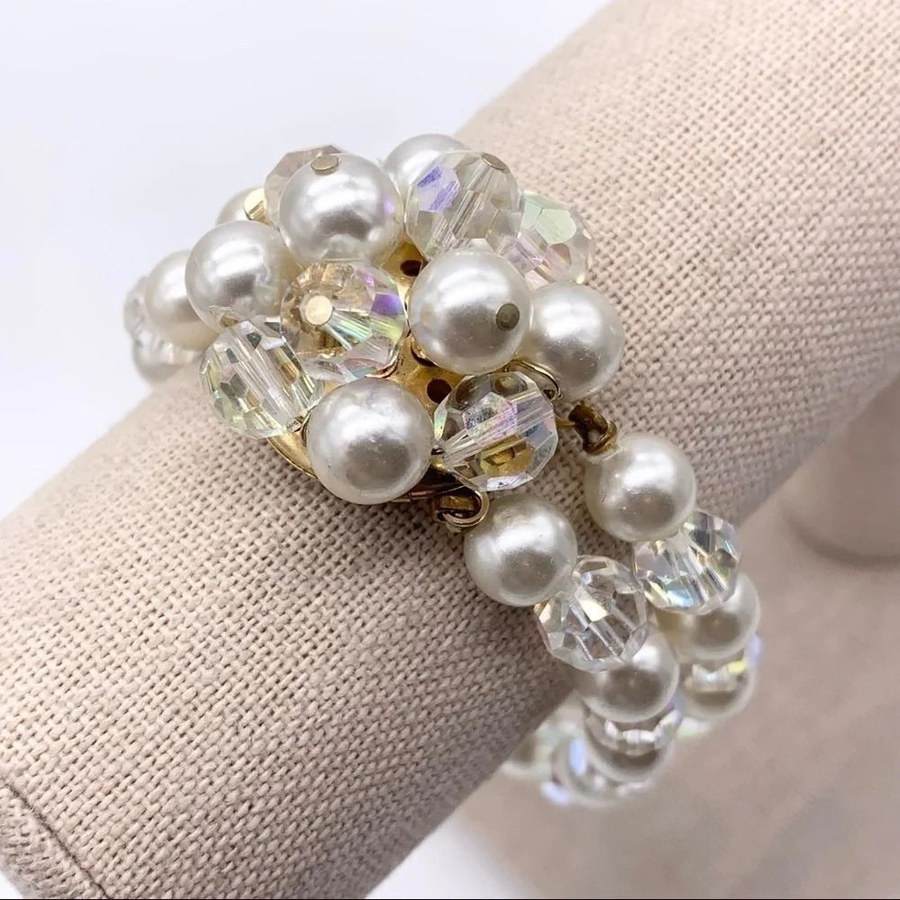 Frank Rifas Vintage Crystal AB and Faux Pearl 2-Strand Bracelet